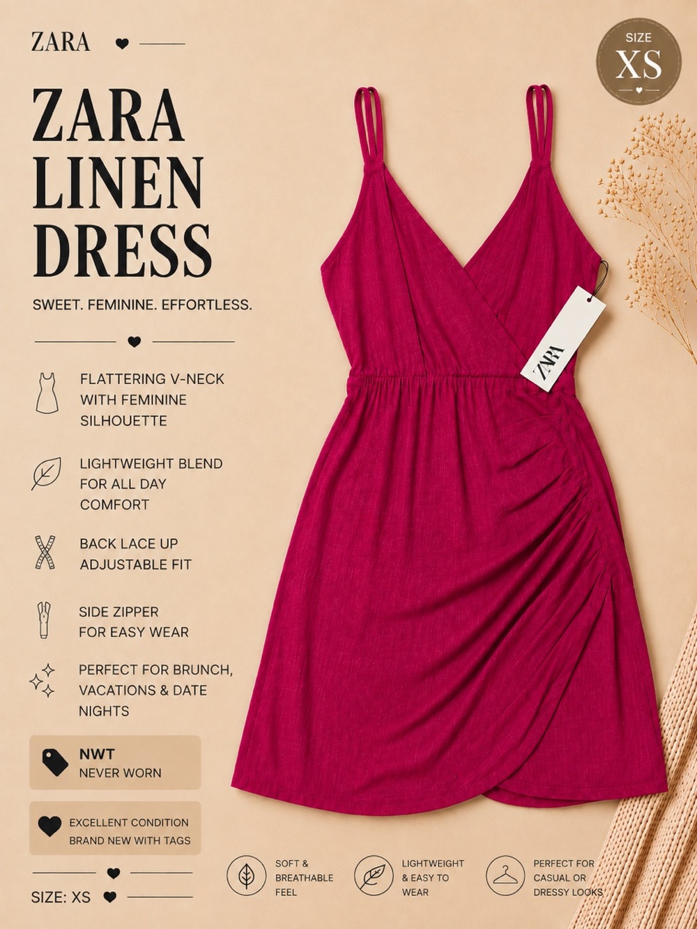Zara Fuchsia Wrap Mini Dress | NWT | Back Lace-Up | Side Zip | XS